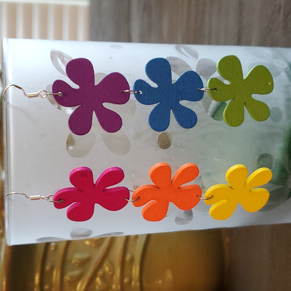 Multi-colored wood flower charm earrings